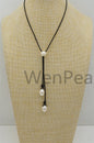 Two Drop Big White Pearl Leather necklace, White Freshwater pearl, Birthday,Black Leather Pearl necklace,Select leather color,Le4-065