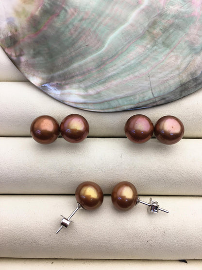 1 pair AAA 10-11mm Brown Button Round Pearl Stud Earrings,Sterling Silver,Wedding,classic pearl studs,SE1-T46