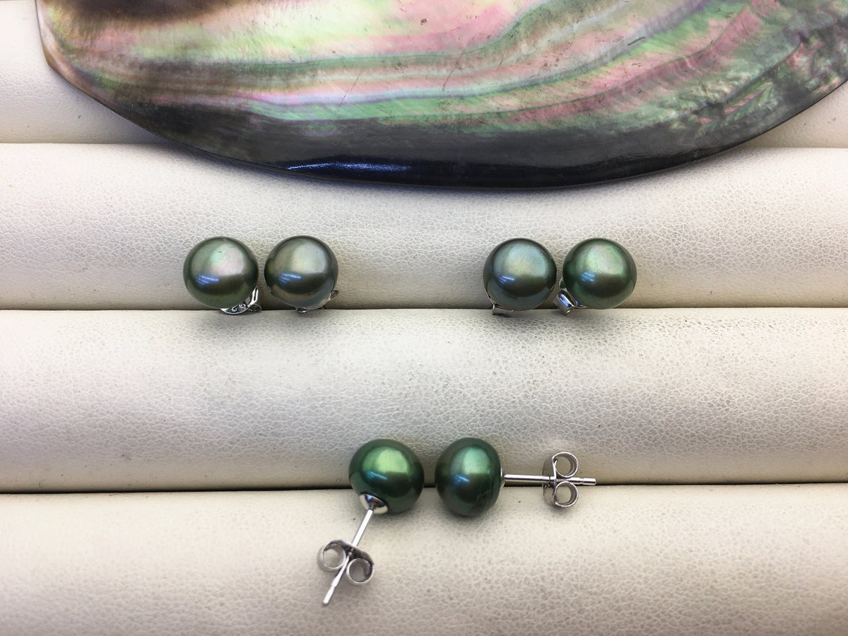 AAA 8-8.5mm green pearl stud earrings, Sterling Silver,Wedding,Happiness,bridal,birthday,SE1-T31