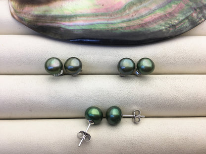AAA 8-8.5mm green pearl stud earrings, Sterling Silver,Wedding,Happiness,bridal,birthday,SE1-T31