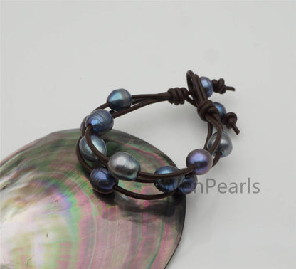 9mm black rice pearl leather bracelet- 3 rows Leather Pearls Bracelet - Misc Color Pearl - Real leather - Le7-181