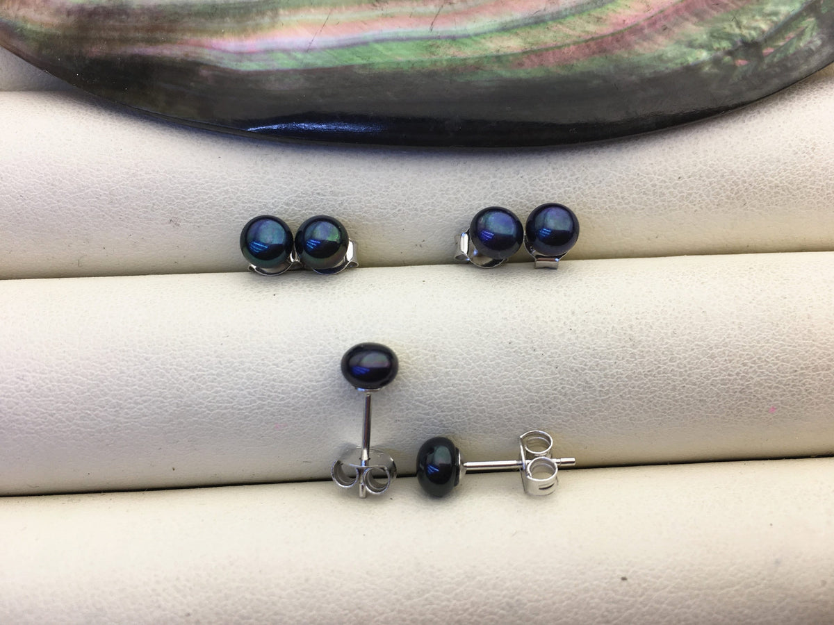 AAA 5-5.5mm tiny deep blue black pearl stud earrings,Sterling Silver,SE1-T26