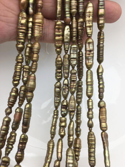 AA 6-7mm green brown toothpick Biwa Pearl Necklace,Genuine Fresh Water Pearl,Wedding Necklace,Mothers Day,ZS-80-10-25