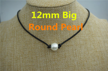 12mm big Round pearl necklace,Leather Pearl Choker, Pearl Leather Necklace, White Freshwater pearl, Black Leather Pearl necklace,Le1-030