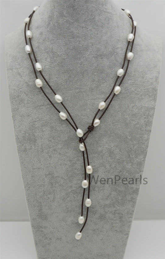 White rice pearl leather necklace,Pearl and Leather Lariat Necklace,Leather Pearl necklace,Tan leather,Le4-086