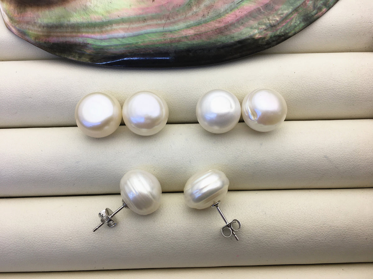 2 pairs AA 12-13mm white button round Pearl Stud Earrings,SE1-069-24