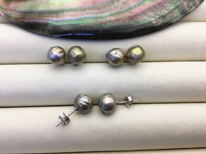 2 pairs AA+ 9-10mm gray baroque near round edison pearl stud earrings,S925 Sterling Sliver stud earrings,SE3-T68