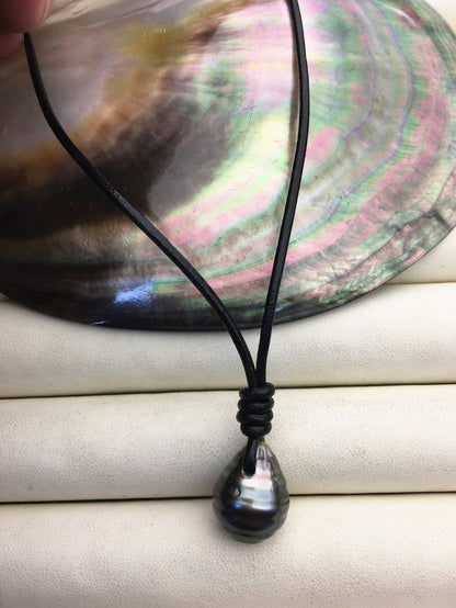 12-14mm Huge Teardrop Drop Tahitian Pearl Leather Necklace,Pearl Leather Necklace,Black Pearl,Black Leather Pearl necklace,Le11-019