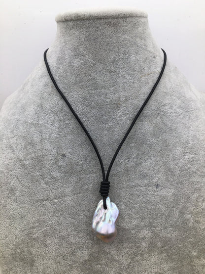 Big Gray Flameball pearl and leather necklace,Baroque Freshwater Pearl Drop Necklace,Flaming ball pearl necklace,wholesale,Le4-064