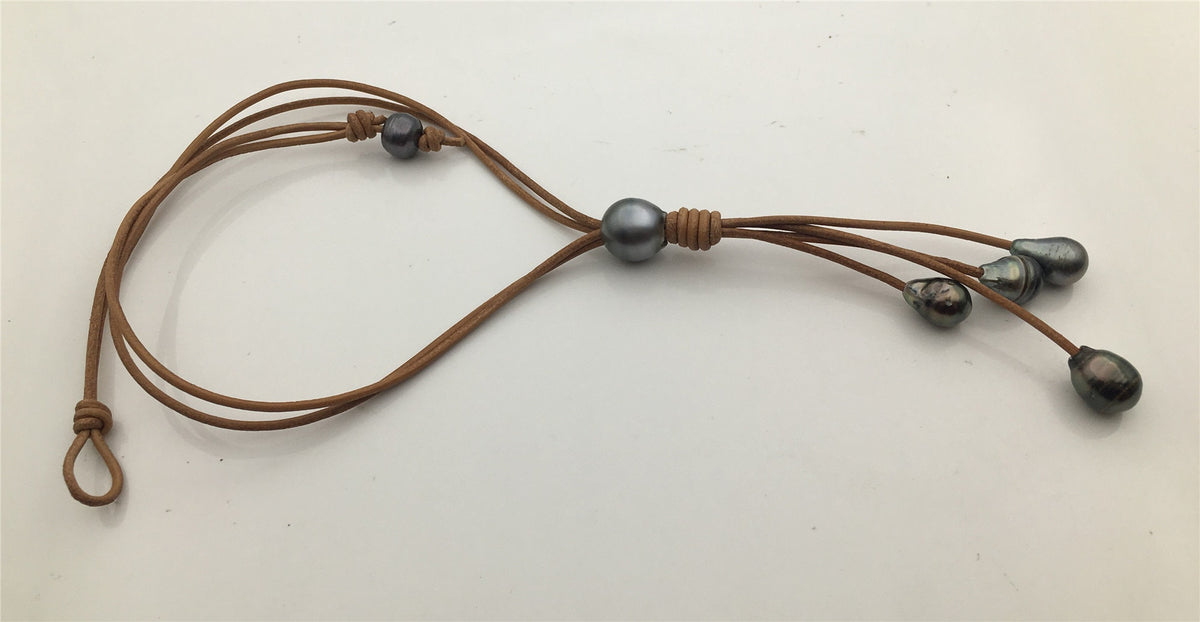 4 pearls real tahitian drop leather Necklace,black,brown Leather color Pearl necklace, Leather pearl necklace,Le11-027