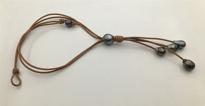 4 pearls real tahitian drop leather Necklace,black,brown Leather color Pearl necklace, Leather pearl necklace,Le11-027