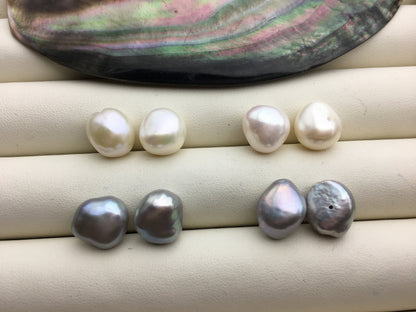 2 pairs AAA 11mm White/Gray Big nugget baroque loose pearl pairs for make stud earrings - 0.9mm bottom half hole - ZS-103-37-20