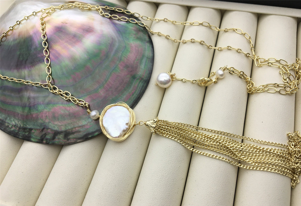 32'' white pearl Tassels gold chain necklace,NC1-038
