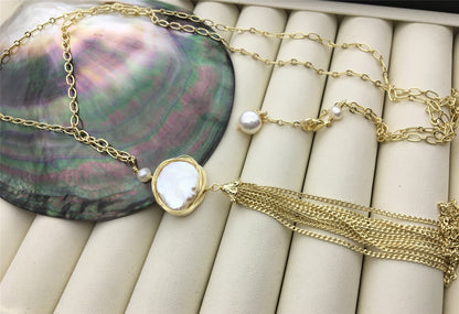 32'' white pearl Tassels gold chain necklace,NC1-038