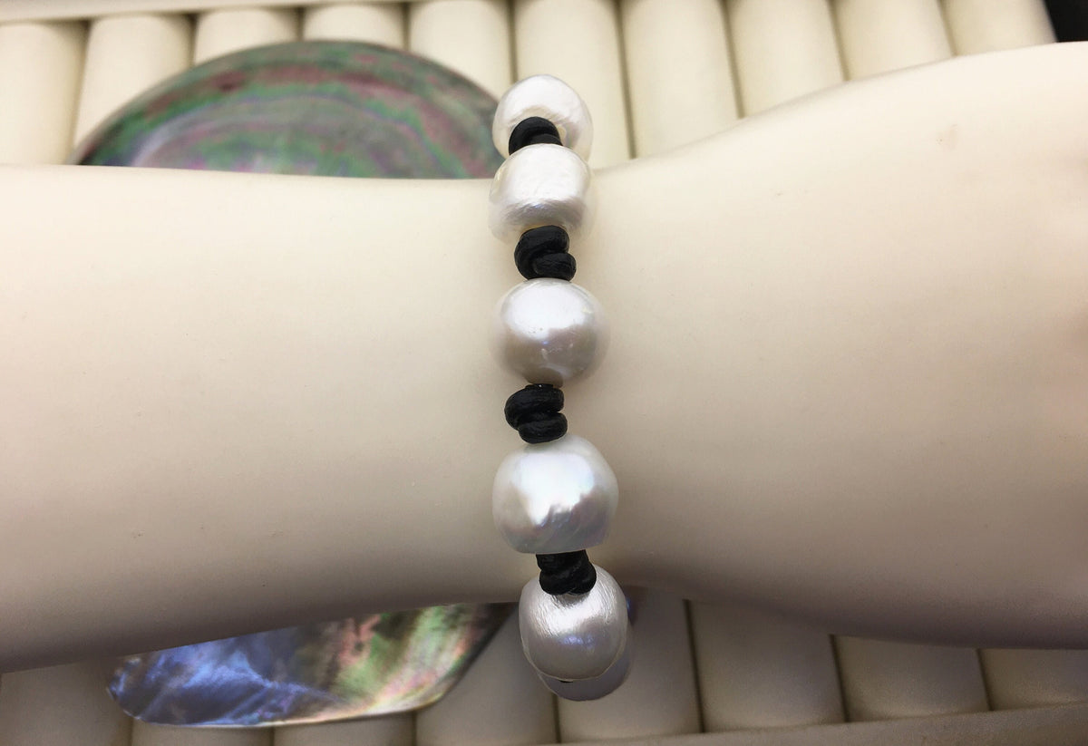 12-13mm white big pearl leather bracelet- Leather Pearls Bracelet - Real leather - Le7-005