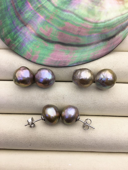 1 pair AA+ 11-12mm gray rainbow baroque near round edison pearl stud earrings,S925 Sterling Sliver stud earrings,SE3-T9-9