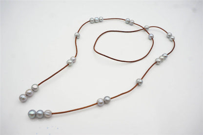 10mm Gray Freshwater Pearl and Leather Lariat Long Necklace,Tan Leather Pearl necklace, Leather pearl, Le5-006