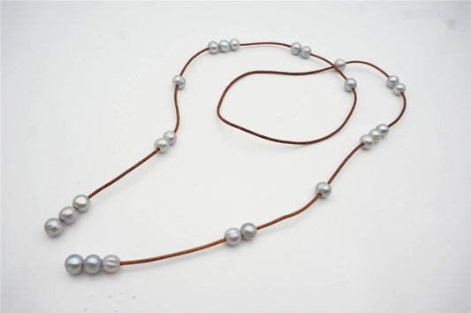10mm Gray Freshwater Pearl and Leather Lariat Long Necklace,Tan Leather Pearl necklace, Leather pearl, Le5-006