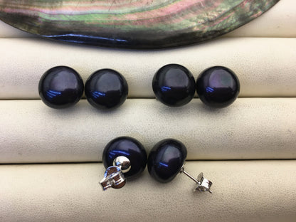 AAA 12-13mm big black blue pearl stud earrings,Sterling Silver,SE1-072