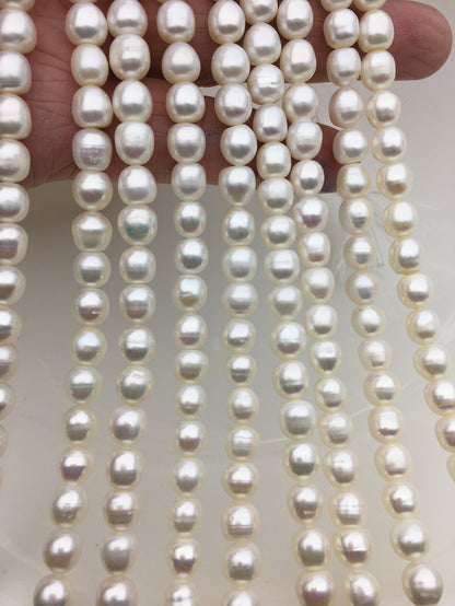 2 strands AA 6.3-7.2mm*6.5-7.5mm white rice pearls,for pearl necklace,for pearl earrings,LR7-2A-2