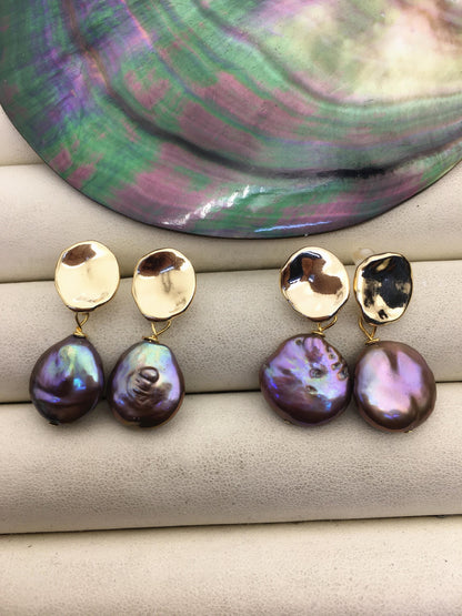 1 pair AA+ Natural Drop Coin freshwater pearl stud earrings,wedding pearl earrings,SE3-131-2