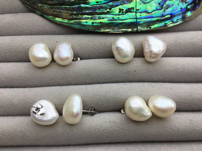 11mm big white baroque nugget Pearl Stud Earrings,freshwater pearl earrings,Wedding,classic pearl studs,SE1-069-7