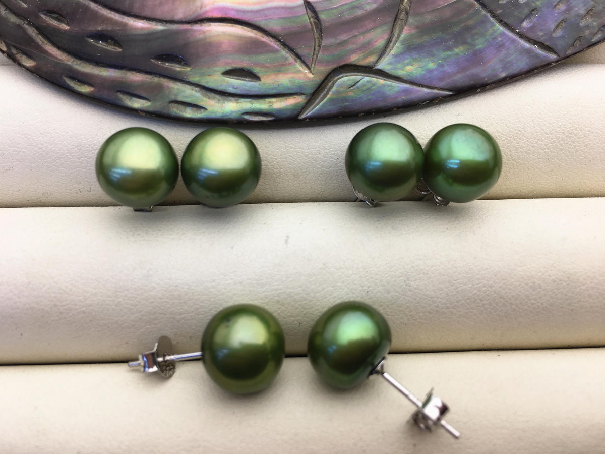 1 pair AAA 9.5-10mm Green Pearl stud Earrings,sterling silver,SE1-T32