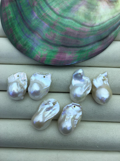 2 pairs AAA- 13-17mm White Flameball Pearl Pairs - large Baroque freshwater pearl pairs- 1.0 top side hole, FL15-3A-8-52