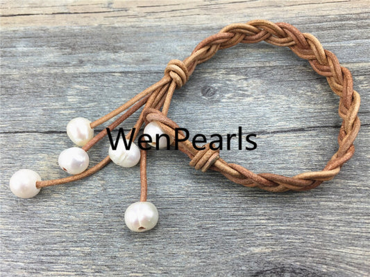 custom length,twisted leather baroque pearl bracelet, knotted freshwater pearl bracelet,9mm pearl bracelet,Leather Pearls Bracelet,Le7-044