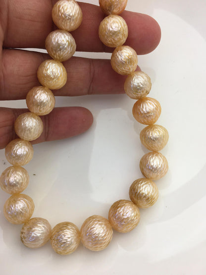 15.5'' AA+ 11-14mm Orange Near Round Carved Freshwater Pearl - Hand Carved - CAC-T26