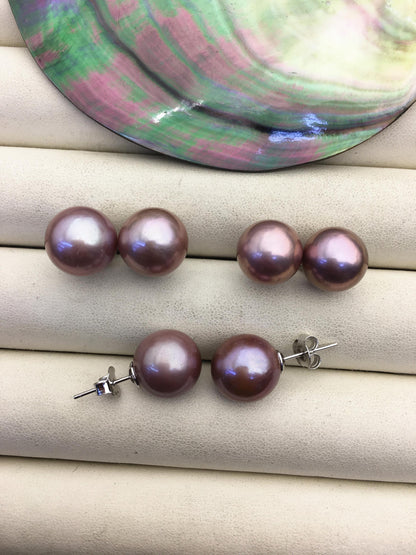 1 pair AAA 12-13mm purple round edison pearl stud earrings,S925 Sterling Sliver stud earrings,wedding pearl earrings,SE3-T9-49