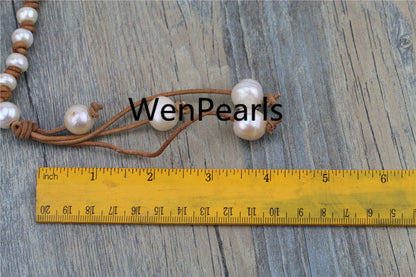 11mm Button Freshwater pearl and leather necklace,Baroque Freshwater Pearl Necklace,white pearl necklace,wholesale,Le3-014