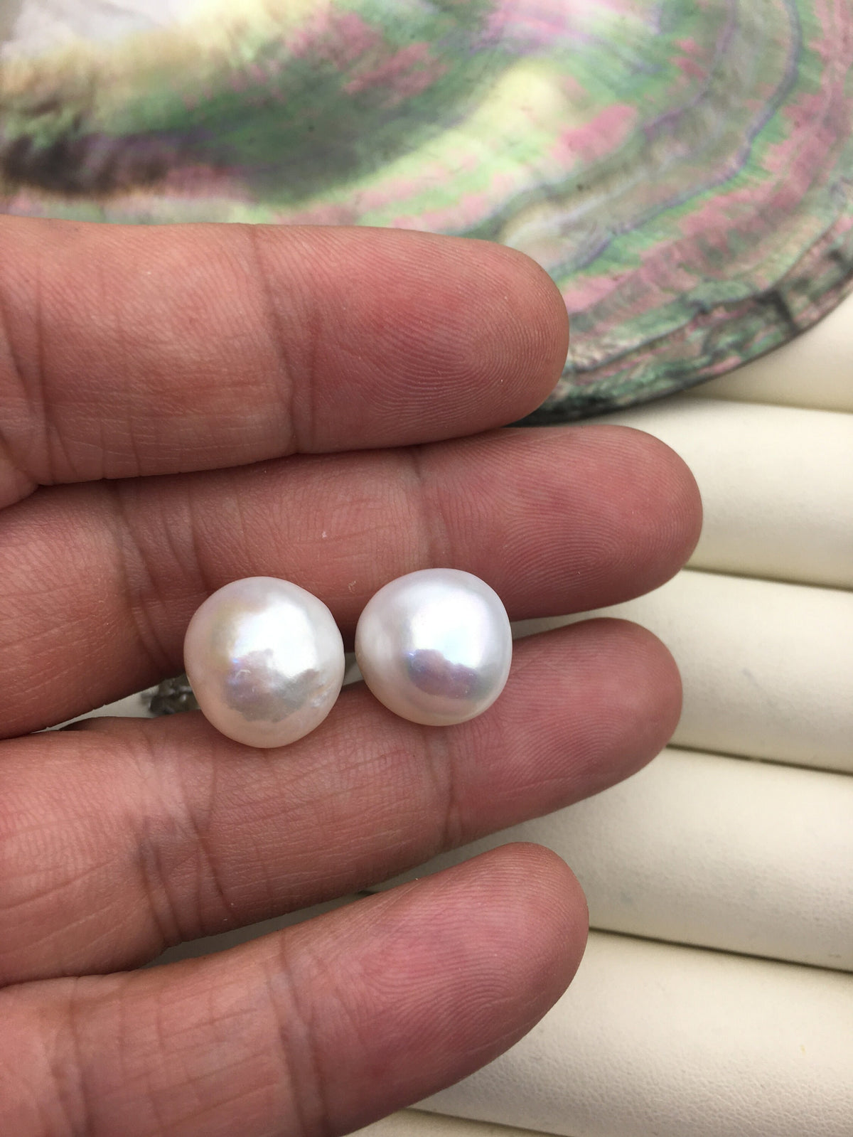 AAA 13-13.5mm big white wrinkled skin baroque button round Pearl Stud Earrings,SE1-069-15