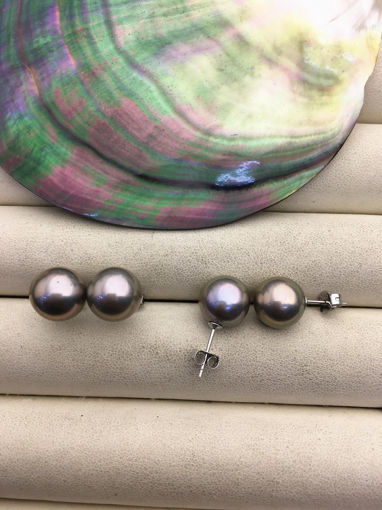 1 pair AAA 10.5-11mm gray rainbow round edison pearl stud earrings,S925 Sterling Sliver stud earrings,wedding pearl earrings,SE3-T9-10
