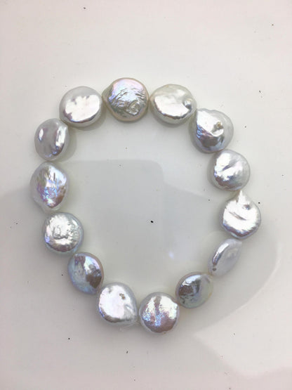 1pc 7 inchs AA+ 11-12mm White Coin Freshwater pearl Elastic string Bracelet,B8-005