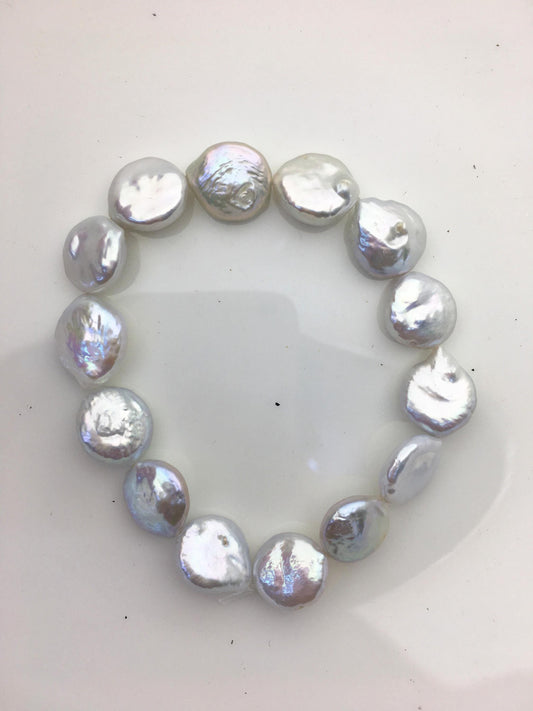 1pc 7 inchs AA+ 11-12mm White Coin Freshwater pearl Elastic string Bracelet,B8-005