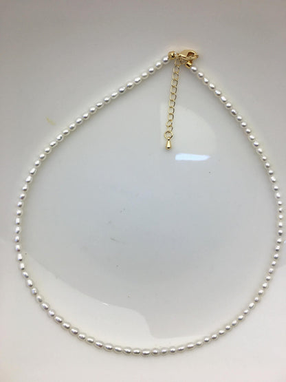 AAA 15.3+2'' 3-4mm tiny white rice freshwater Pearl necklace,genuine freshwater Pearl necklace,Natural Pearl Necklace,NPN1-T37