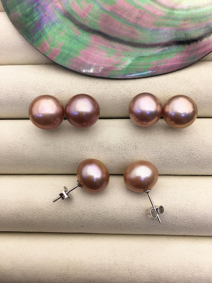 1 pair AAA 11-12mm purple button round edison pearl stud earrings,S925 Sterling Sliver stud earrings,SE3-T9-70