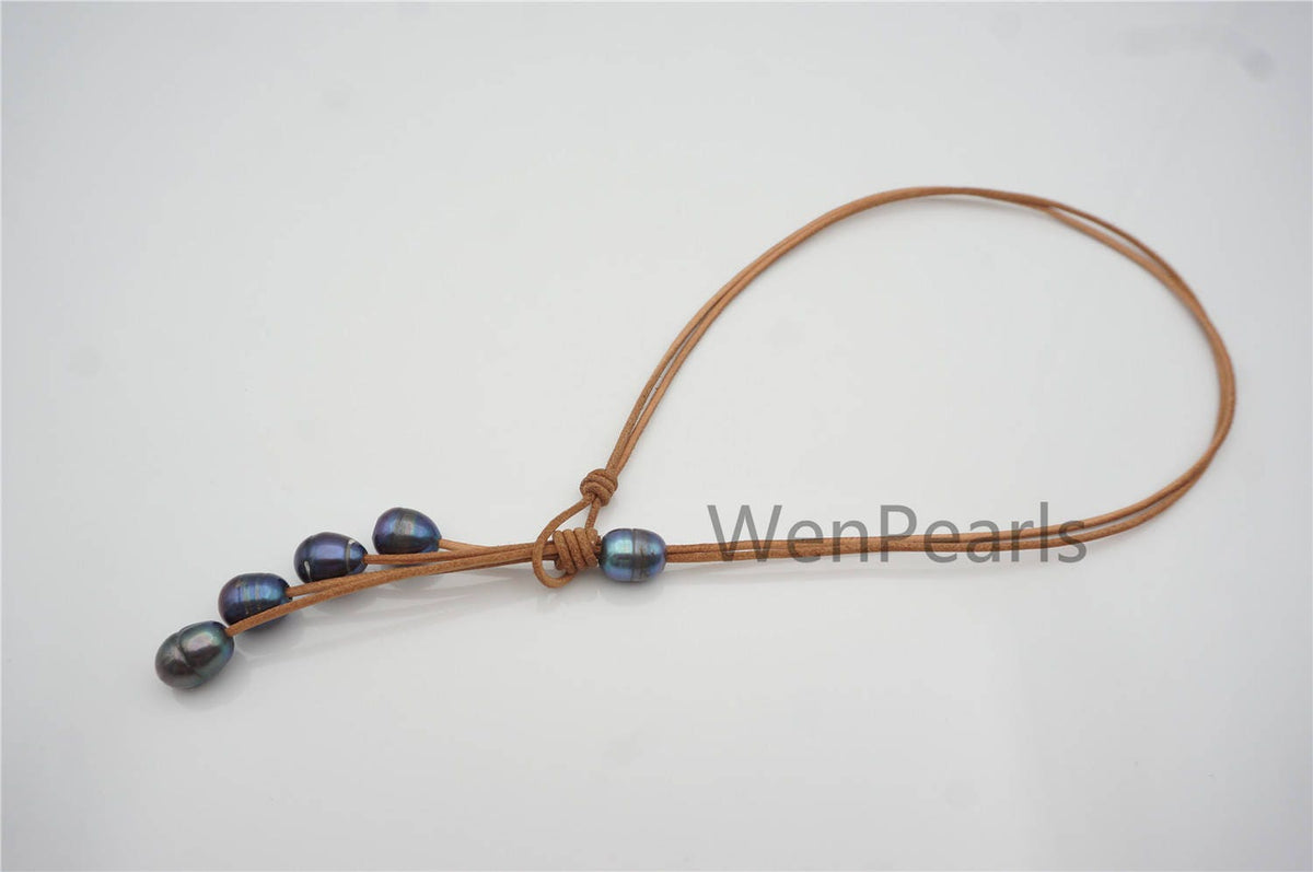 Big Deep Blue Drop Pearl Leather necklace, Black Freshwater pearl, Birthday,Black Leather Pearl necklace,Select leather color,Le4-068