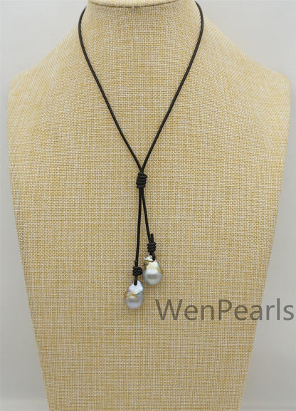 Two Gray Flame ball pearl and leather necklace,Baroque Freshwater Pearl Drop Necklace,Flaming ball pearl necklace,wholesale,Le4-058
