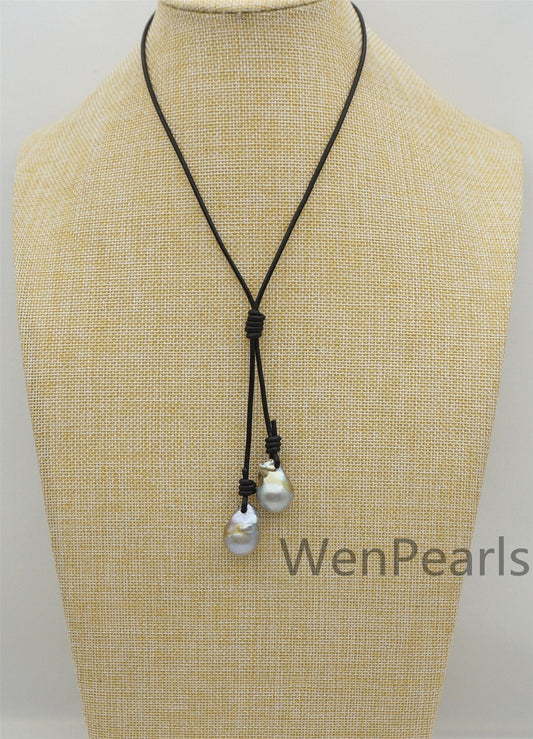 Two Gray Flame ball pearl and leather necklace,Baroque Freshwater Pearl Drop Necklace,Flaming ball pearl necklace,wholesale,Le4-058