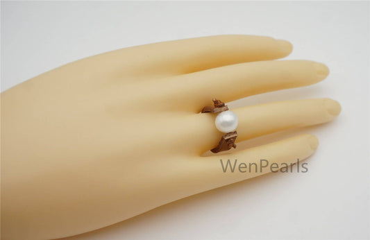 White Pearl and Leather Ring- fashion ring, Genuine freshwater pearl - Real leather - Select Leather Color - Le55-001