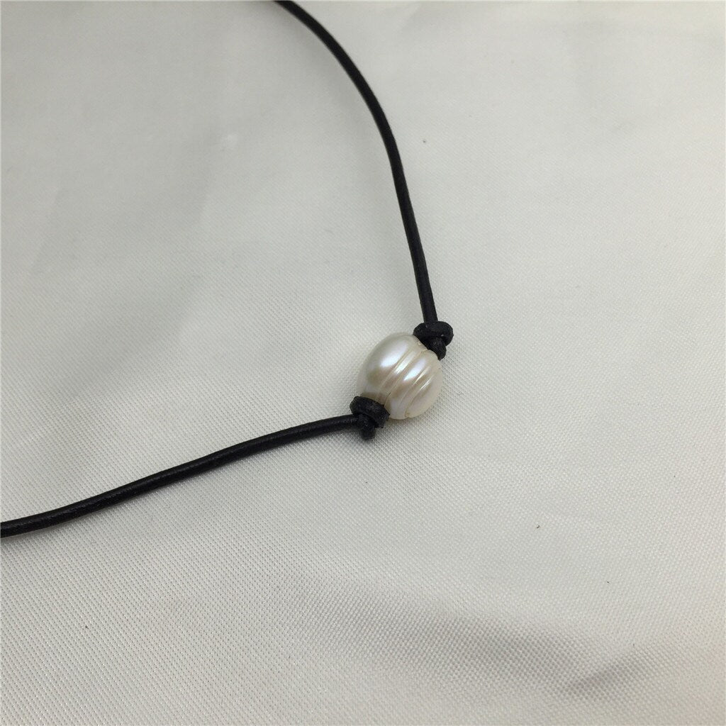 2.99 one necklace,Leather Big Pearl Choker,Pearl Leather Necklace,White Freshwater pearl, Birthday gift,Black Leather Pearl necklace,Le1-003