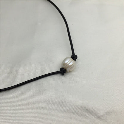 2.99 one necklace,Leather Big Pearl Choker,Pearl Leather Necklace,White Freshwater pearl, Birthday gift,Black Leather Pearl necklace,Le1-003