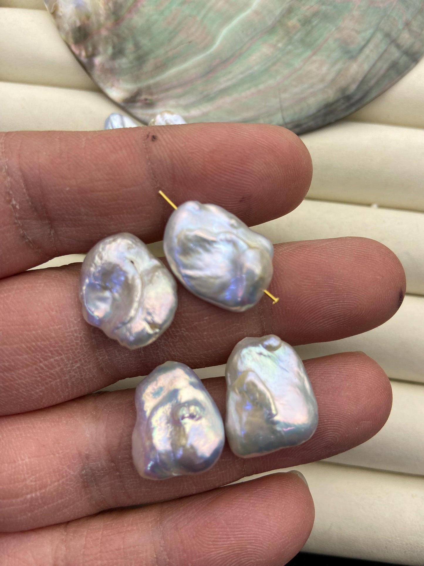 3 pairs AA 12-14mm White keshi Freshwater Pearl White loose Beads Pair,0.7mm through hole,ZS-103-37-42