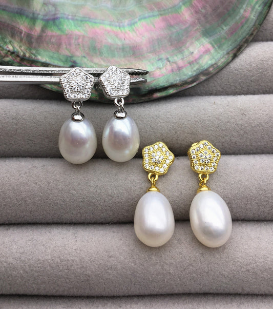 AAA 9mm White rice pearl Pentagon cz stud earrings,S925 Sterling Sliver pearl earrings,pearl for women for girl,SE3-138