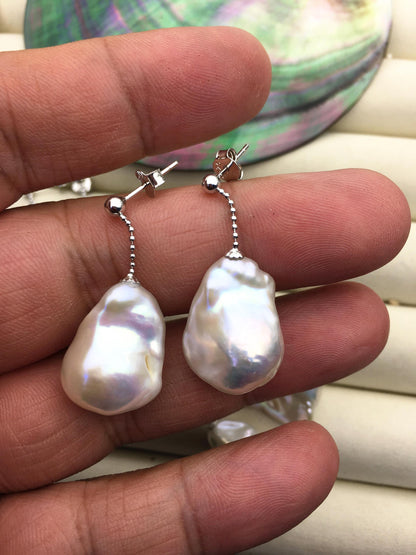 1 pair AAA 13-17mm white flame ball pearl stud earrings,sterling silver,earring with white baroque Natural Pearl,SE3-031-24