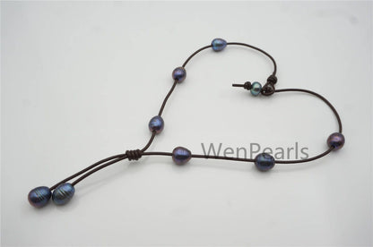 Deep Blue Rice Pearl Leather necklace, Freshwater pearl, Birthday,Black Leather Pearl necklace,Select leather color,Le4-080