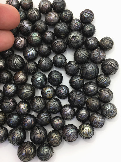 1pc AA 10-14 Black Near Round Carved Tahitian Pearl - Hand Carved - Tattoo Pearls, carved pearls, flower design,through hole,CAC-FLW-9-2