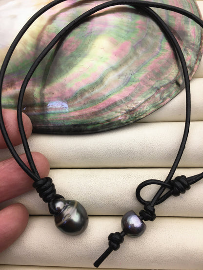 12-14mm Big Drop Tahitian Pearl Leather Necklace,Pearl Leather Necklace,Black Pearl,Black Leather Pearl necklace,Le11-011